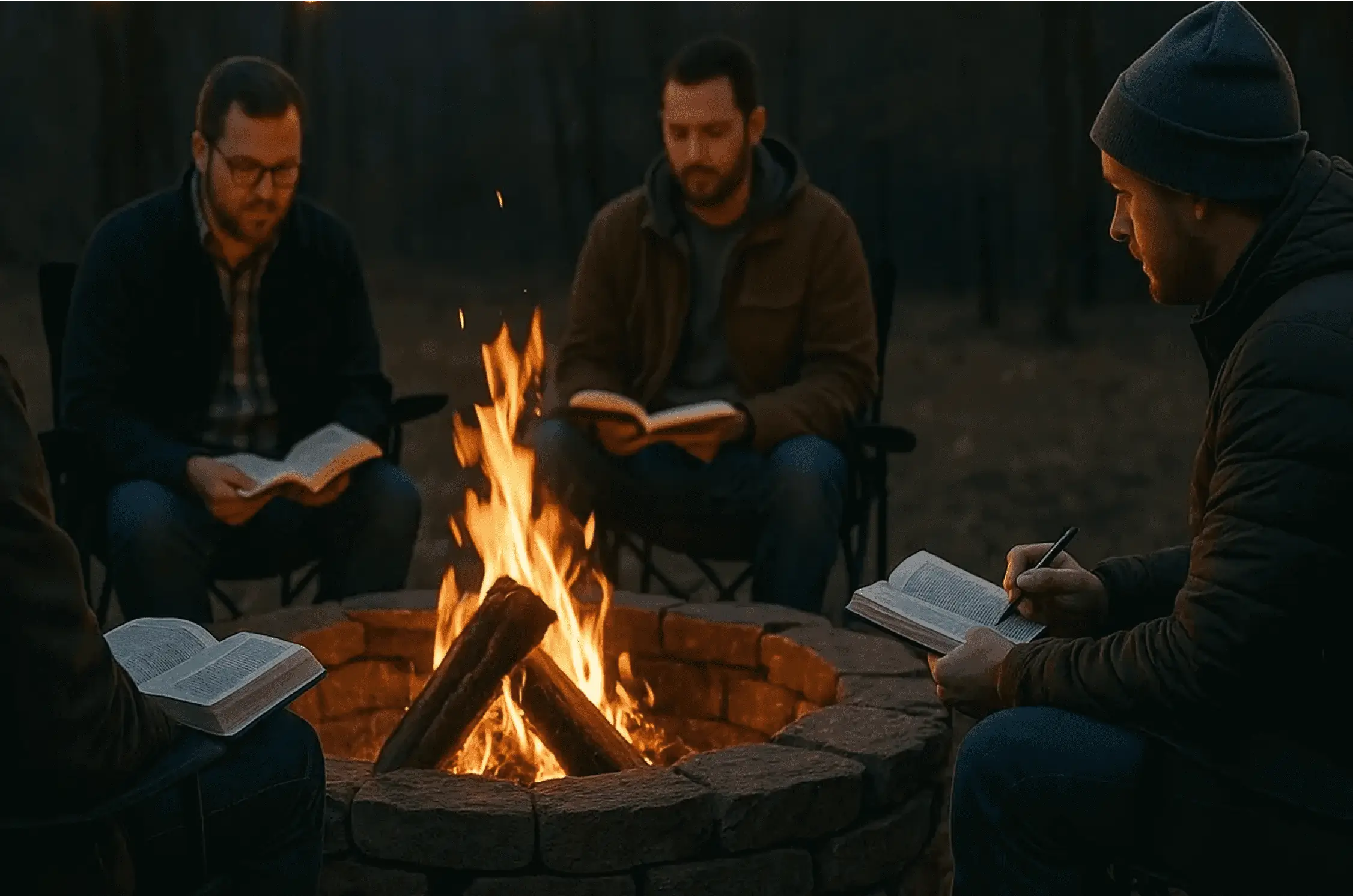 Outdoor reading session by firelight