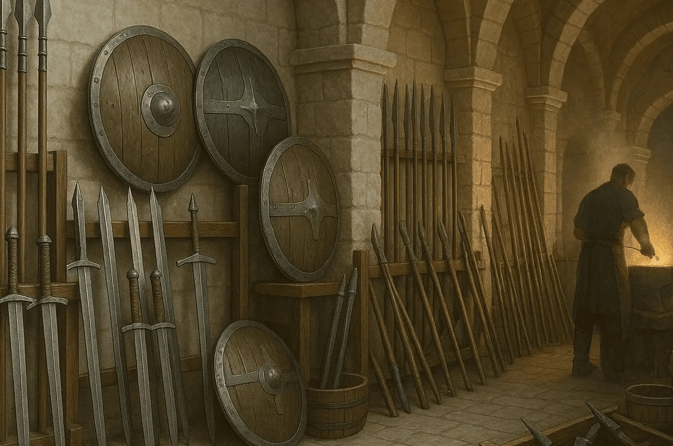 Medieval armory with weapons and shields
